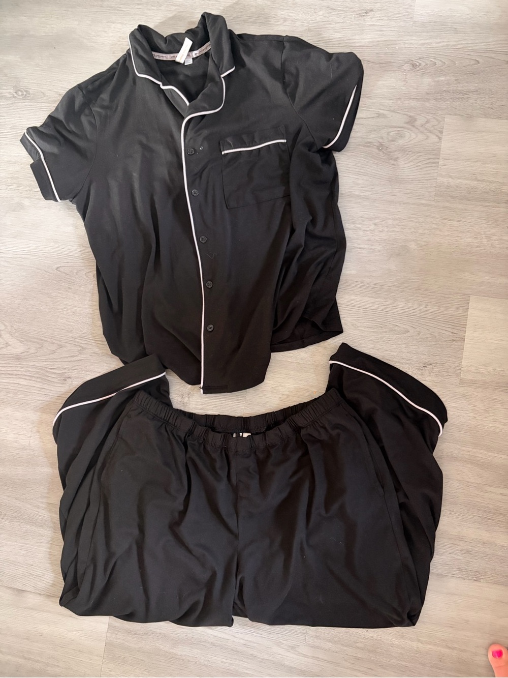 Women's Black Short-Sleeve Button Pajama Set with White Piping
